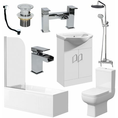 Complete Bathroom Suite 1700mm Bath Toilet Basin Shower Screen