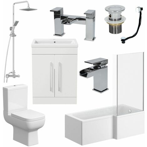 main image of "Complete Bathroom Suite L Shaped Bath RH Toilet Vanity Shower"
