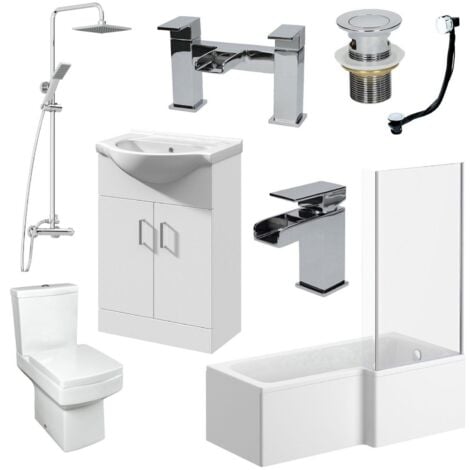 Complete Bathroom Suite L Shaped RH Bath Basin Vanity Unit Toilet