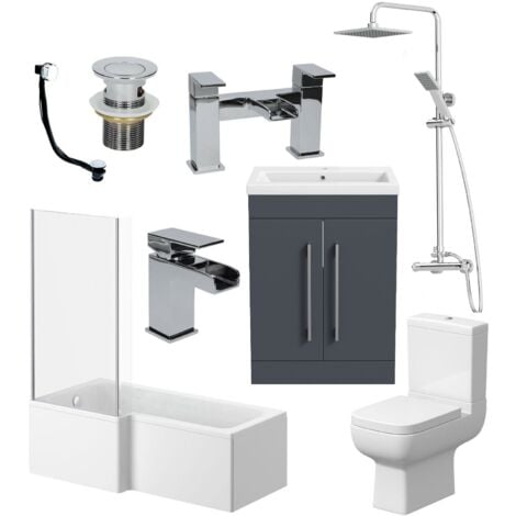 Complete Bathroom Suite LH L Shaped Bath Toilet Vanity Basin Taps Shower Grey