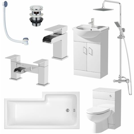 Complete Bathroom Suite LH L Shaped Bath Vanity Unit BTW Toilet Basin Tap Set - White