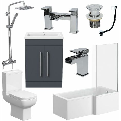 Complete Bathroom Suite RH L Shaped Bath Toilet Vanity Basin Taps Shower Grey - Grey