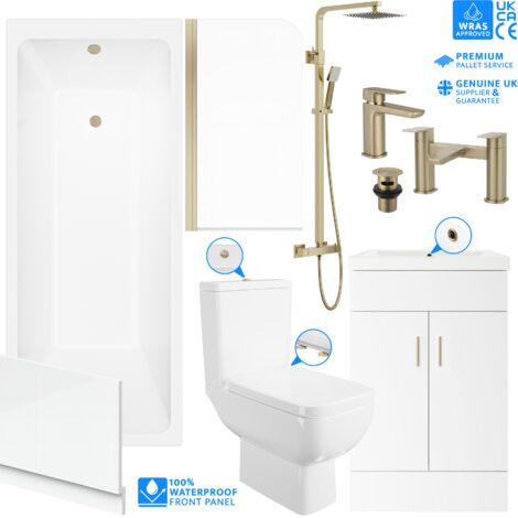 Complete Brushed Brass Bathroom Suite 1700mm Modern Screen Bath Vanity Unit Close Coupled Toilet with Shower and Taps