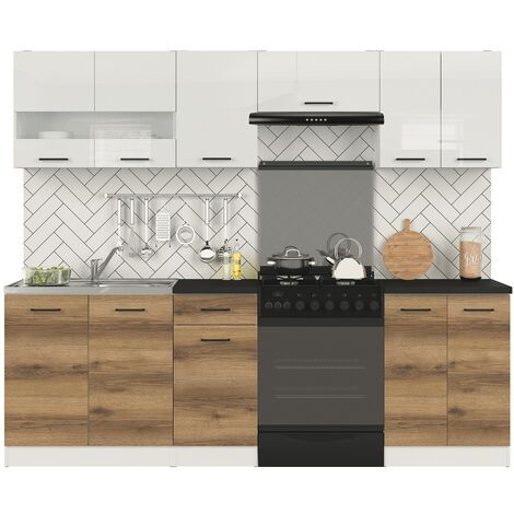 Complete Kitchen Set 7 Cabinets Cupboards Units Oak Effect & White Junona 240cm - White / Light Delano Oak