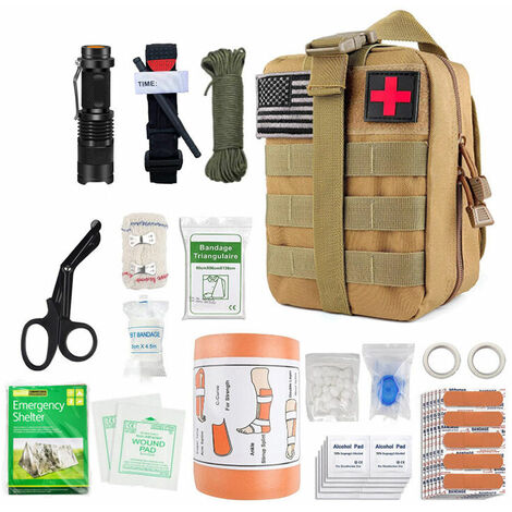 Complete Tactical Military First Aid Kit to FRANCE CE Standards + Small Kit + Shoulder Strap + Tick-Pull + Survival Wristband - Designed for Hiking, Traveling, Airsoft