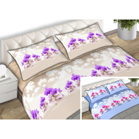 Completo Lenzuola 100% Cotone Made Italy Fantasia Floreal Cloud C.N., misuraMatrimonialecoloreAzzurro