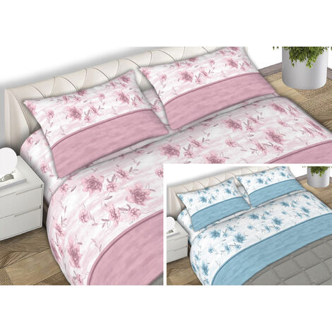 Completo Lenzuola 100% Cotone Made Italy Fantasia Floreale Gaia C.N, misuraMatrimonialecoloreAzzurro