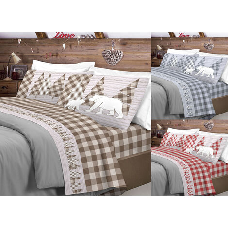 Completo Lenzuola Flanella Pensieri Delicati 100% Cotone Disegno Canada, misuraMatrimonialecoloreRosso