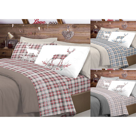 Completo Lenzuola Flanella Pensieri Delicati 100% Cotone Disegno Cervo Tartan, misuraSingolocoloreRosso