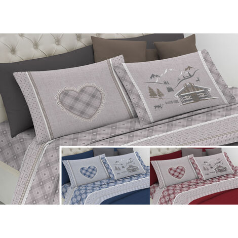 Completo Lenzuola Flanella Pensieri Delicati 100% Cotone Disegno Chalet, misuraPiazza E MezzacoloreBlu