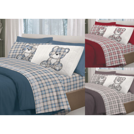 Completo Lenzuola Flanella Pensieri Delicati 100% Cotone Disegno Orsetto Tartan, misuraPiazza E MezzacoloreGrigio