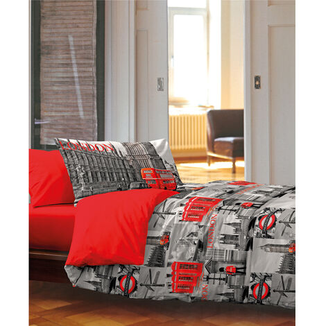 Completo Lenzuola In 100% Cotone Disegno City New York Londra Mod OB, misuraSingolocoloreLondra