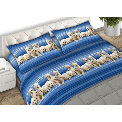 Completo Lenzuola In 100% Cotone Made In Italy Dis. Labrador Colore Blu C.N., misuraMatrimonialecoloreBlu