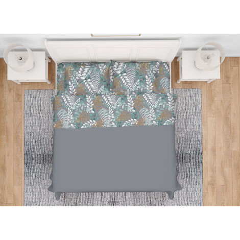 Completo Lenzuola In 100% Cotone Made Italy Disegno Foglie Botanico, misuraMatrimonialecoloreFoglie