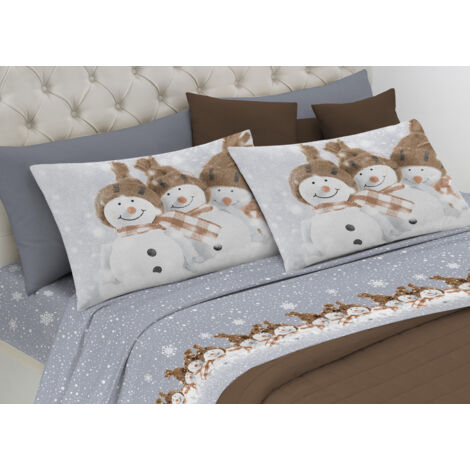 Completo Lenzuola In Morbida Flanella Disegno Snowman, misura2 Piazze matr.lecoloreRosso