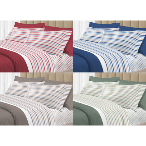 Completo Lenzuola Letto 100% Cotone Italy 3027 Disegno Riga Dots, misuraPiazza E MezzacoloreBlu