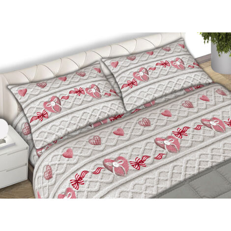 Completo Lenzuola Letto 100% Cotone Made Italy Disegno Cuori CN, misuraPiazza e MezzacoloreCuori