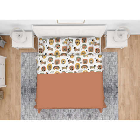Completo Lenzuola Letto In 100% Cotone Made Italy Disegno Cani 25GI, misuraSingolocoloreCani 25GI