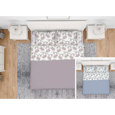 Completo Lenzuola Letto In 100% Cotone Made Italy Disegno Magnolia, misuraSingolocoloreAzzurro
