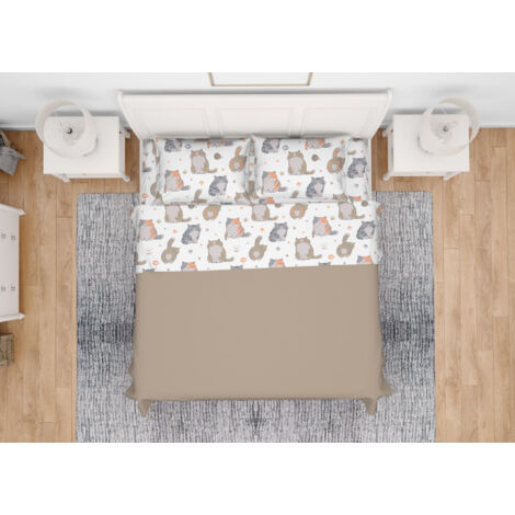 Completo Lenzuola Letto Morbida Flanella 100% Cotone Dis. Gatti, misuraFrancesecoloreGatti
