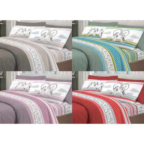 Completo Lenzuola Letto Pensieri Delicati 100% Cotone Dis. Bau Bau, misuraSingolocoloreVerde