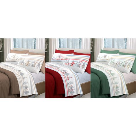 Completo Lenzuola Letto Pensieri Delicati 100% Cotone Disegno Gufi, misuraMatrimonialecoloreRosso