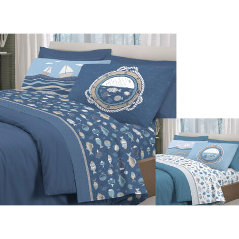 Completo Lenzuola Letto Pensieri Delicati 100% Cotone Disegno Oceano, misuraPiazza E MezzacoloreBlu