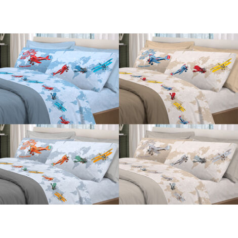 Completo Lenzuola Linea Pensieri Delicati 100% Cotone Disegno Aerei, misuraSingolocoloreBeige