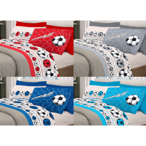 Completo Lenzuola Linea Pensieri Delicati 100% Cotone Disegno Calcio, misuraSingolocoloreBlu