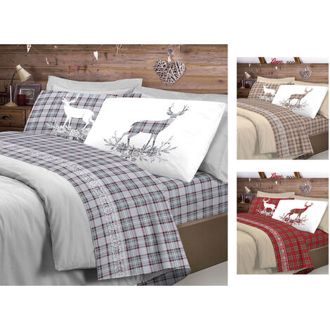 Completo Lenzuola Linea Pensieri Delicati 100% Cotone Disegno Cervo Tartan, misuraMatrimonialecoloreRosso
