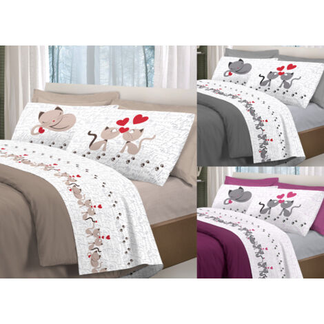 Completo Lenzuola Linea Pensieri Delicati 100% Cotone Disegno Gattini, misuraPiazza E MezzacoloreGrigio