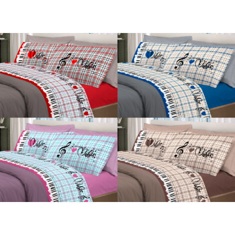Completo Lenzuola Linea Pensieri Delicati 100% Cotone Disegno Musica, misuraSingolocoloreRosa