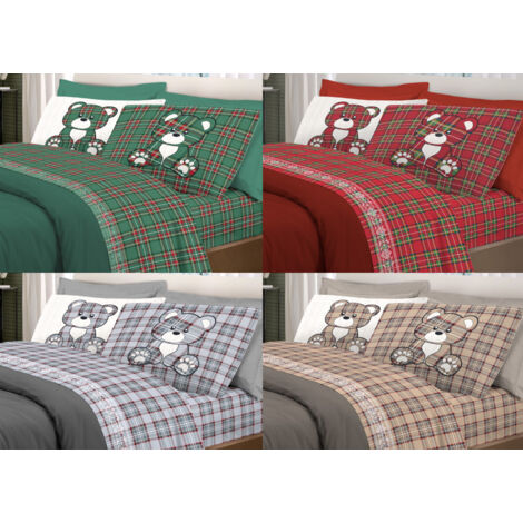 Completo Lenzuola Linea Pensieri Delicati 100% Cotone Disegno Orsetto Tartan, misuraSingolocoloreVerde