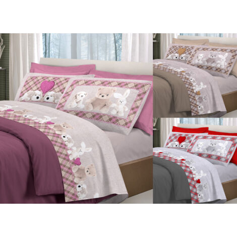 Completo Lenzuola Linea Pensieri Delicati 100% Cotone Disegno Peluche, misuraSingolocoloreRosa