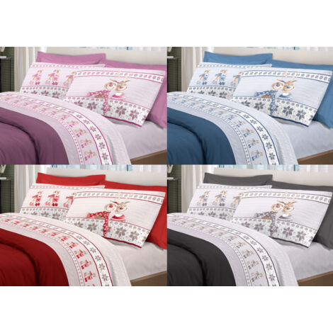 Completo Lenzuola Linea Pensieri Delicati 100% Cotone Disegno Renna, misuraSingolocoloreBlu