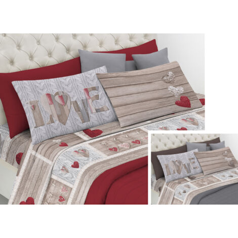 Completo Lenzuola Linea Pensieri Delicati 100% Cotone Disegno Shabby Love, misuraMatrimonialecoloreBeige
