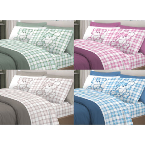 Completo Lenzuola Linea Pensieri Delicati 100% Cotone Orsetto Tartan Primavera, misuraMatrimonialecoloreVerde