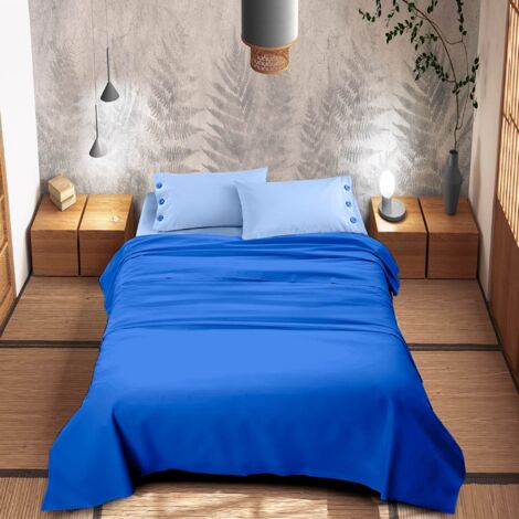 Completo Lenzuola Matrimoniali Bicolore in Cotone Certificato Oeko-Tex con Lenzuolo Sotto con Elastici, Lenzuolo Sopra e 2 Federe con Bottoni Decorativi Blu/Azzurro