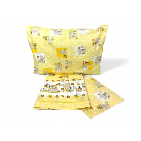Completo Lenzuolo Pedro per Lettino – 100% Cotone Decorazione Orsetto, Made in Italy, Set 3 Pezzi Giallo