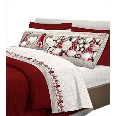 Completo letto flanella  Fantasia Gnomi  Made in italy  3 Misure 3 colori  Rosso - Matrimoniale