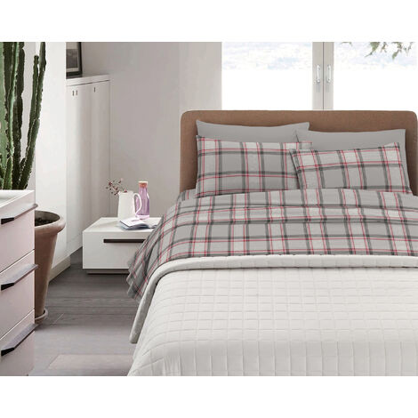 Completo Letto in Cotone Di Flanella Calda e Morbida Anti Pilling - Set Lenzuola Flanellato 3 Misure parure con Federe  Tartan Grigio - Piazza e mezza