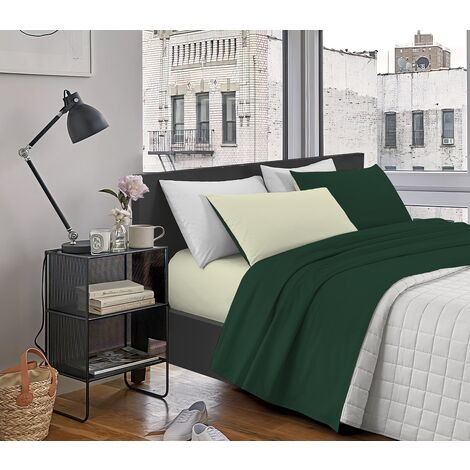 Completo Letto In Morbido Cotone Di Flanella Antipilling Set Lenzuola Bicolore Lenzuolo Sopra Sotto Federe Verdone-Panna - Singolo