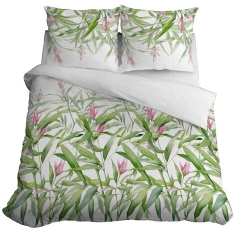 Completo letto in raso 220x200 fiori foglie verde primavera