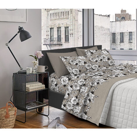Completo Letto Matrimoniale ,100% Cotone Peonie beige