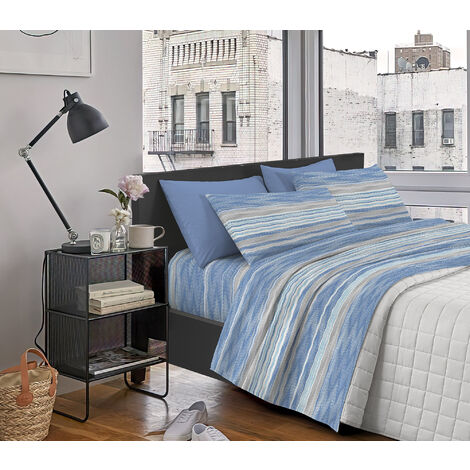 Completo Letto Matrimoniale in Flanella Calda e Morbida Anti Pilling  Riga Azzurro501 - 1 Piazza e mezza