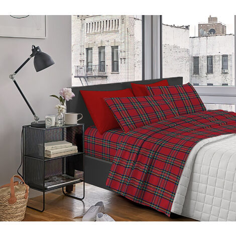 Completo Letto Matrimoniale in Flanella Calda e Morbida Anti Pilling  Tartan Rosso503 - 1 Piazza