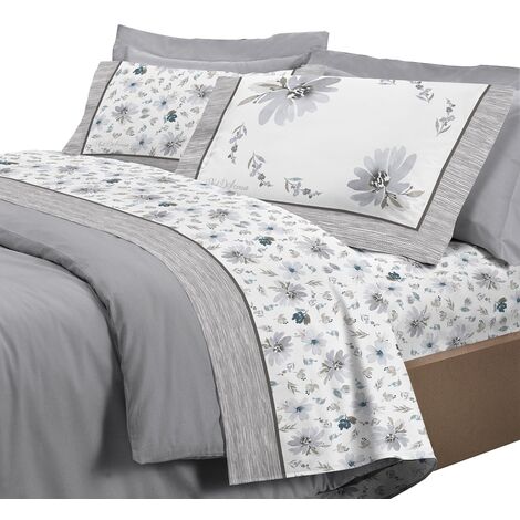 Completo letto set lenzuola 100% cotone di flanella linea Fiore Matrimoniale - Grigio