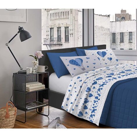 Completo Letto Stampato Made In Italy 100 % Cotone Set Lenzuolo Sopra Sotto Federe Mongolfiera Blu - Singolo