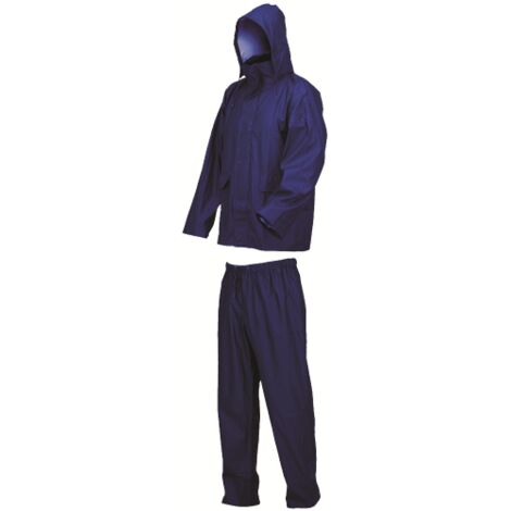 Completo Lluvia impermeabile giacca e pantaloni blu taglia M in poliuretano-PVC-poliestere