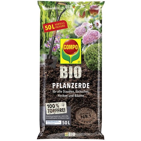 COMPO BIO Pflanzerde für Garten- und Zierpflanzen, Sträucher, Büsche und Gehölze, Torffrei, Kultursubstrat, 50 Ltr